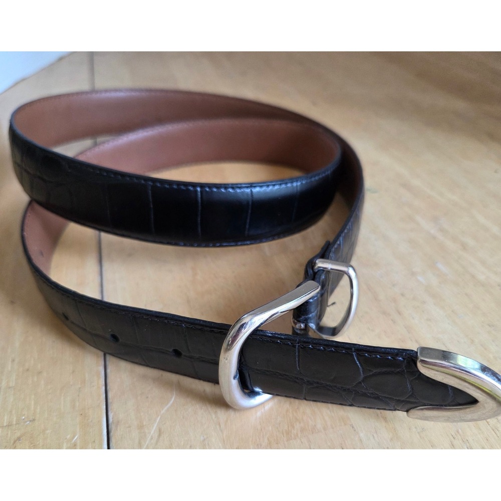 Vintage Italian Black Croc Leather Belt 38 Eurometal Italy Western Buckle 3 pc